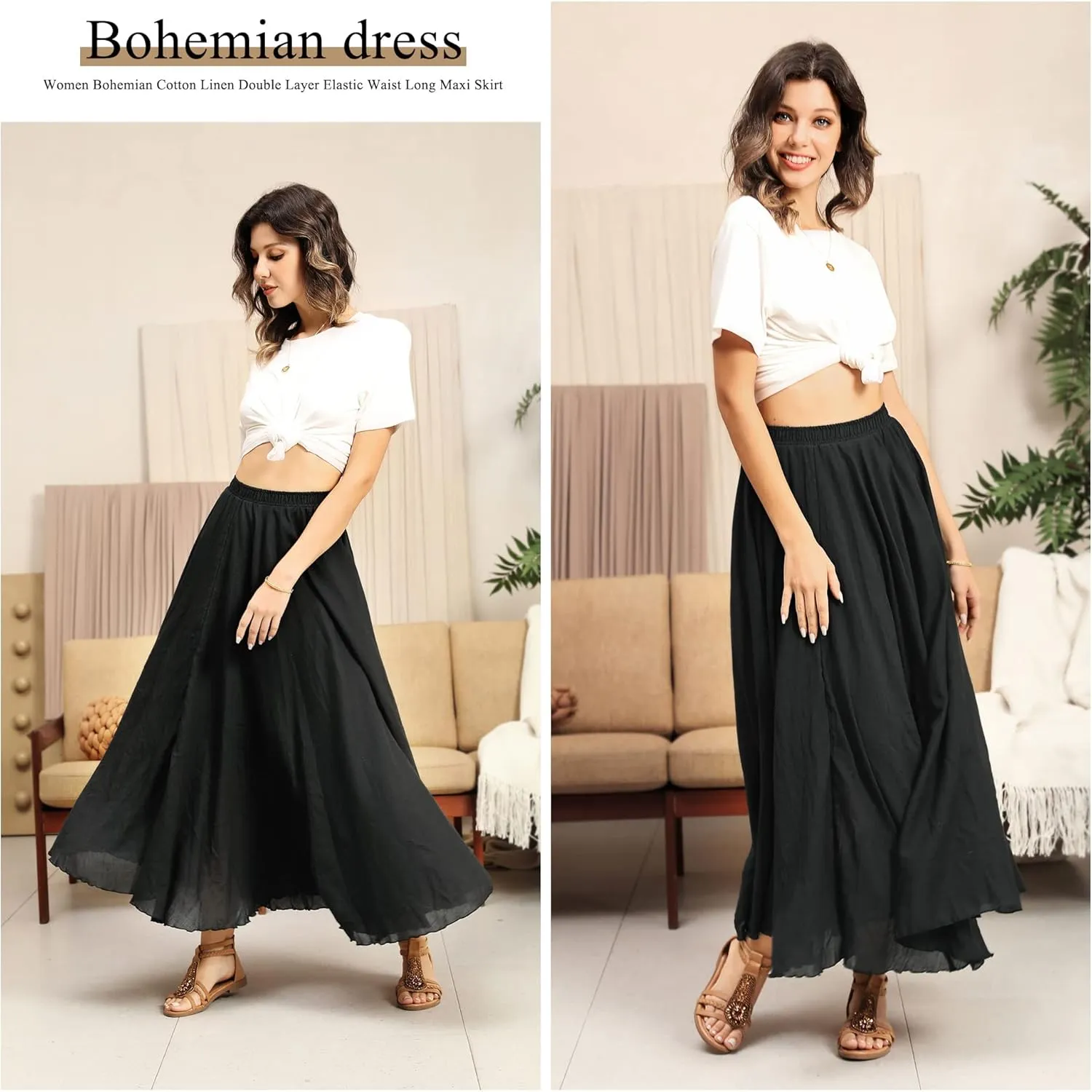 Ezcosplay Women Boho Maxi A Line Skirt Elastic Waist Summer Bohemian Flowy Long Beach Swing Skirts
