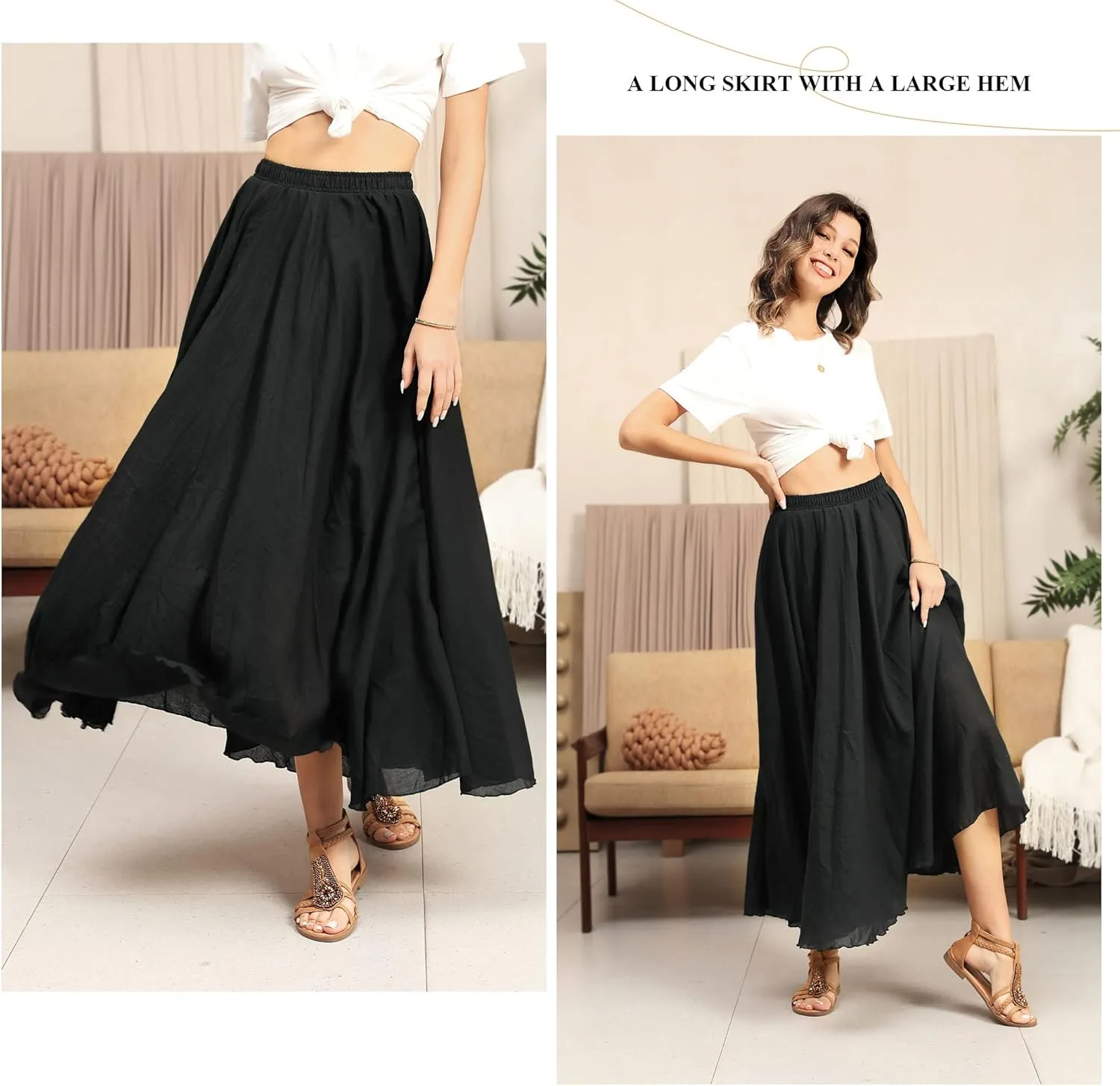 Ezcosplay Women Boho Maxi A Line Skirt Elastic Waist Summer Bohemian Flowy Long Beach Swing Skirts
