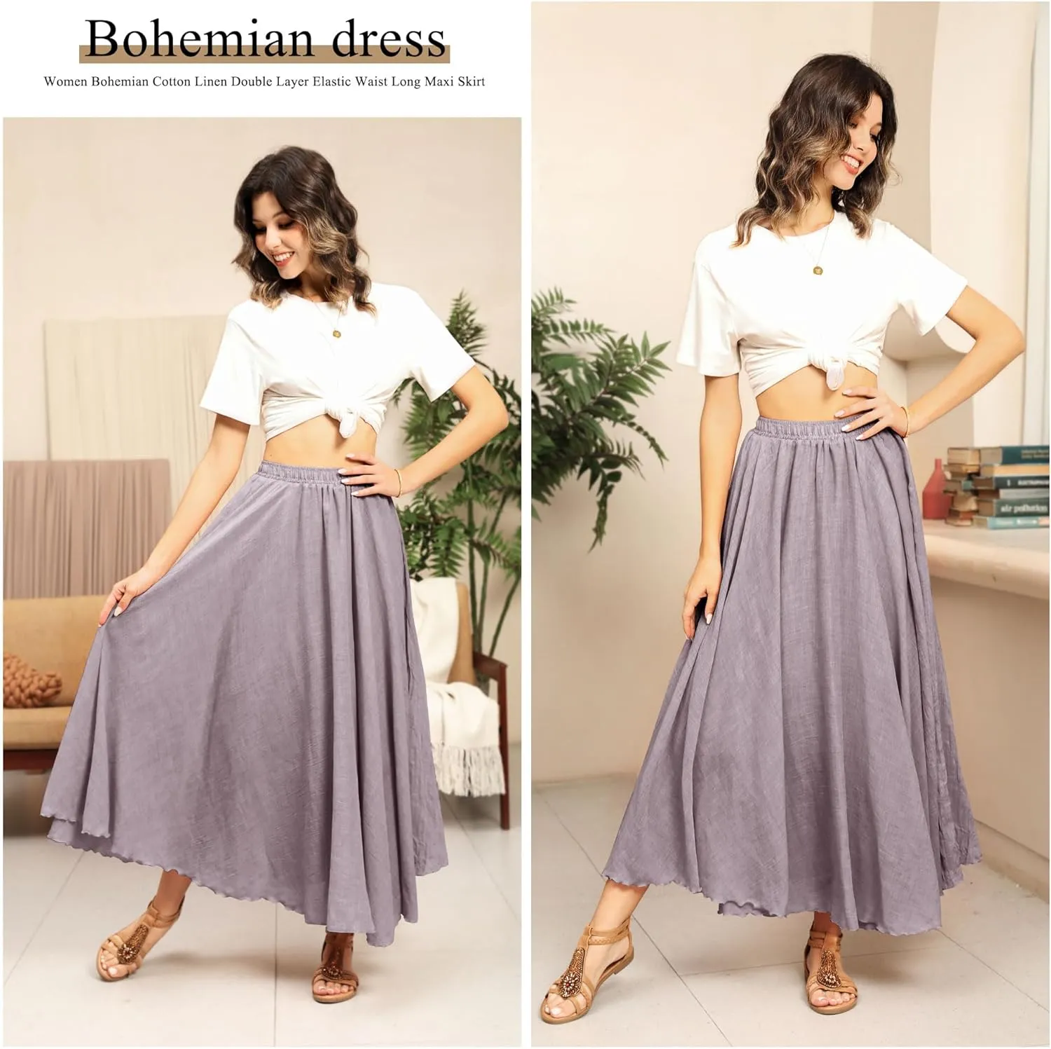 Ezcosplay Women Boho Maxi A Line Skirt Elastic Waist Summer Bohemian Flowy Long Beach Swing Skirts