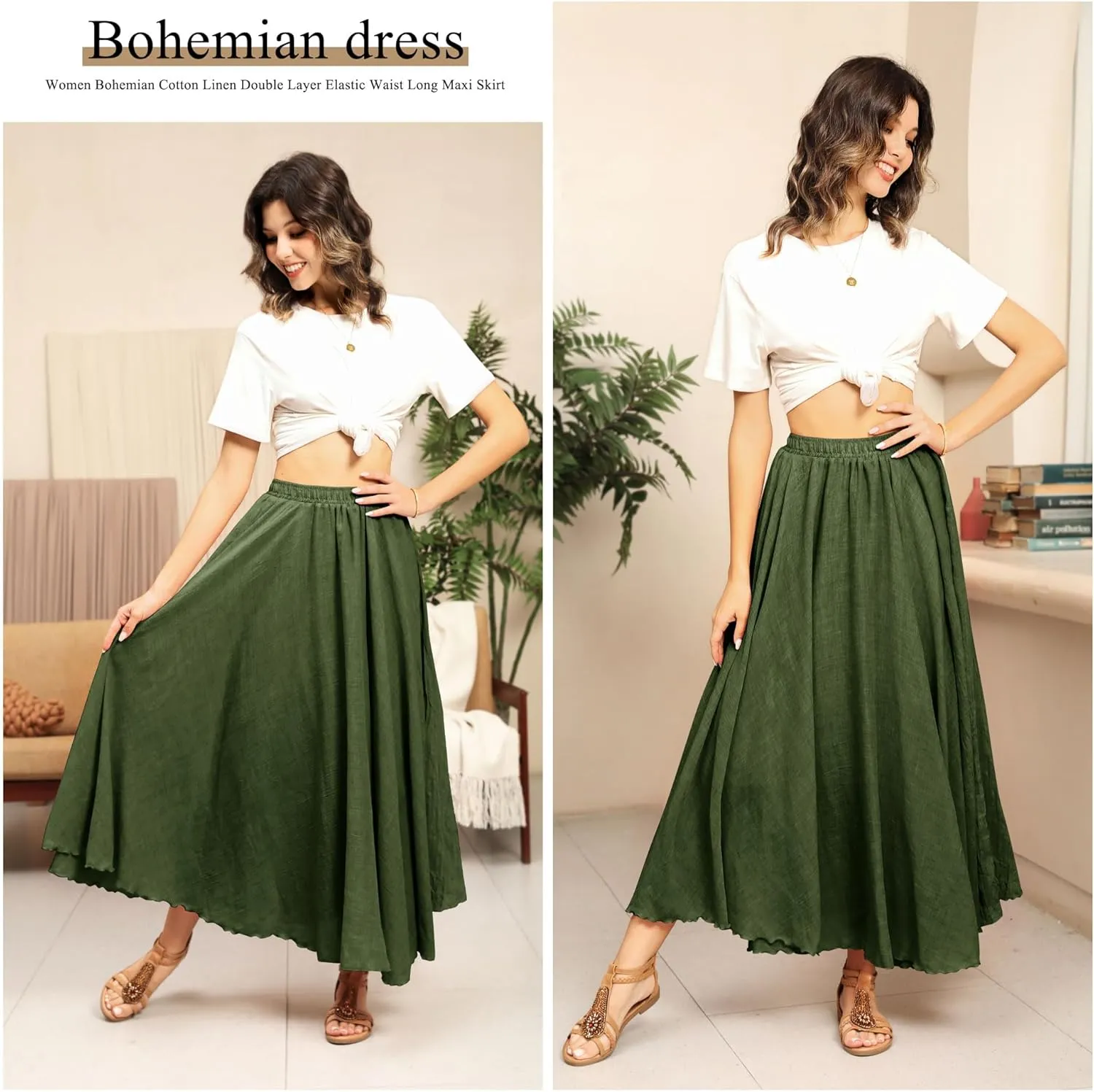 Ezcosplay Women Boho Maxi A Line Skirt Elastic Waist Summer Bohemian Flowy Long Beach Swing Skirts