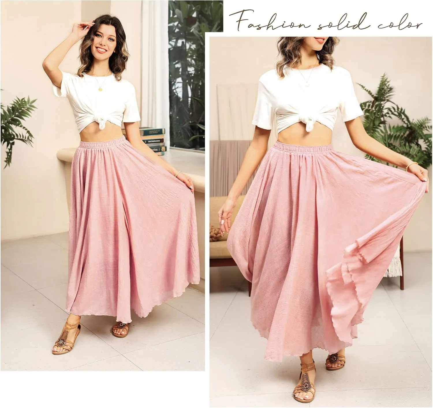 Ezcosplay Women Boho Maxi A Line Skirt Elastic Waist Summer Bohemian Flowy Long Beach Swing Skirts