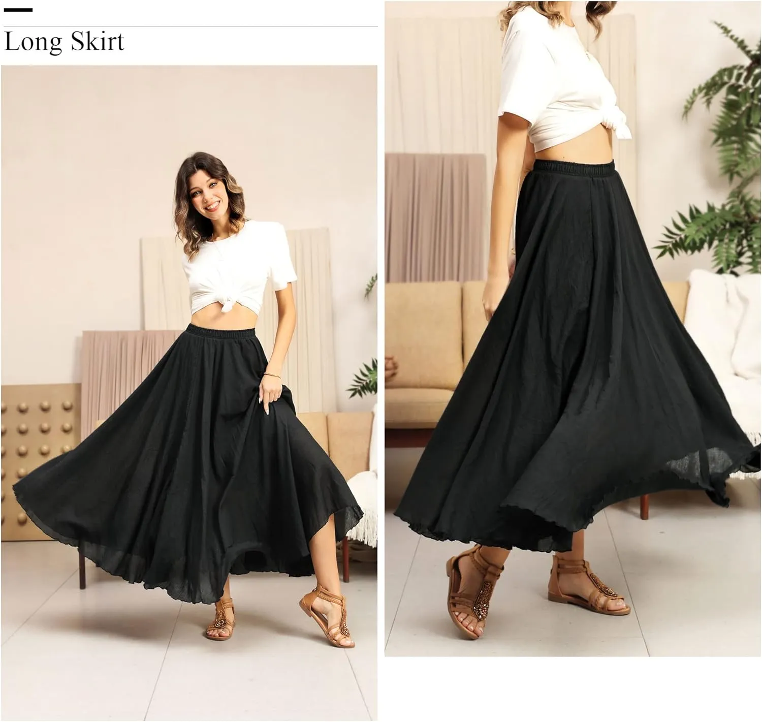Ezcosplay Women Boho Maxi A Line Skirt Elastic Waist Summer Bohemian Flowy Long Beach Swing Skirts