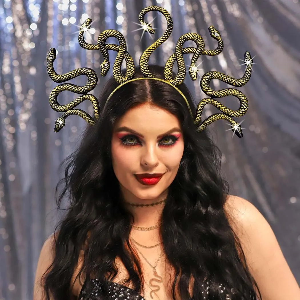 Fashey Gold Layered Snake Jewelry Set - Necklace, Earrings, Adjustable Rings - Medusa Costume Hollween Jewelry for Women