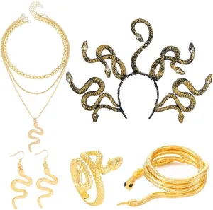 Fashey Gold Layered Snake Jewelry Set - Necklace, Earrings, Adjustable Rings - Medusa Costume Hollween Jewelry for Women