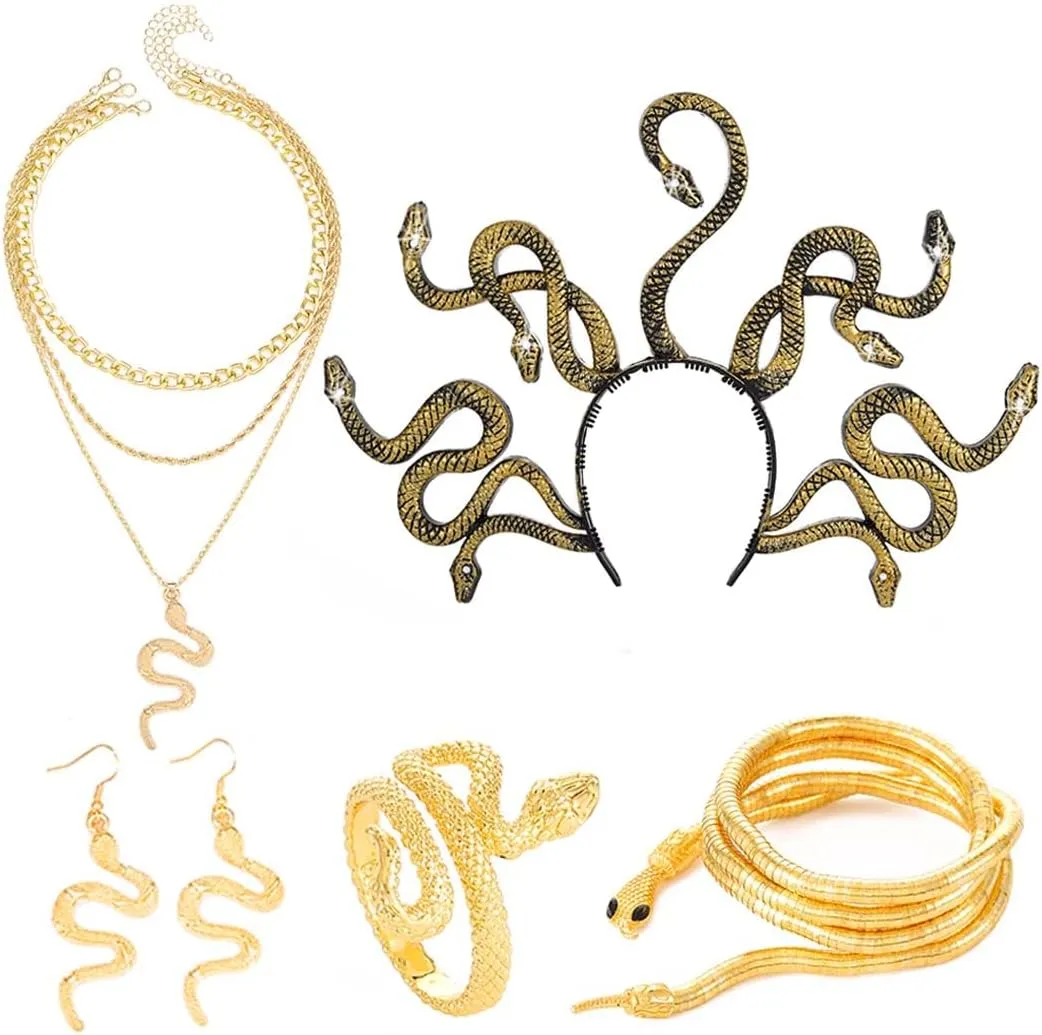 Fashey Gold Layered Snake Jewelry Set - Necklace, Earrings, Adjustable Rings - Medusa Costume Hollween Jewelry for Women