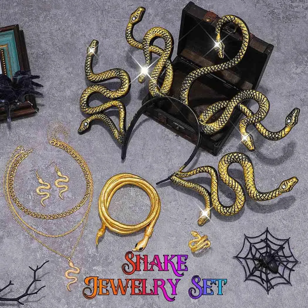 Fashey Gold Layered Snake Jewelry Set - Necklace, Earrings, Adjustable Rings - Medusa Costume Hollween Jewelry for Women