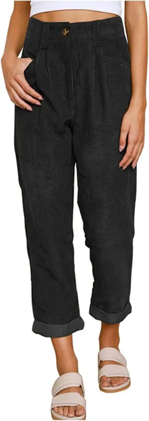 Febecool Cargo Pants Women High Waist Casual Pants Solid Color Corduroy Loose Straight Leg Trousers Women