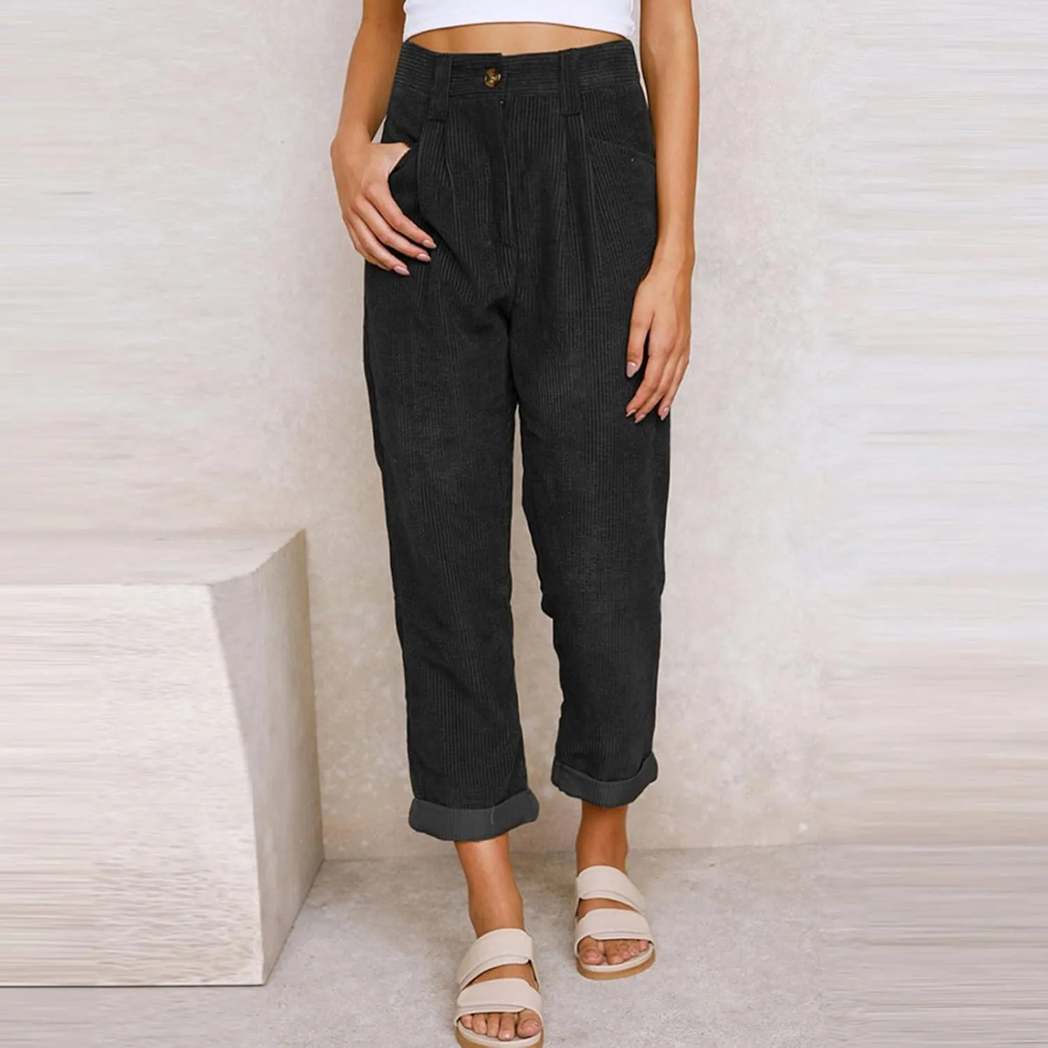 Febecool Cargo Pants Women High Waist Casual Pants Solid Color Corduroy Loose Straight Leg Trousers Women