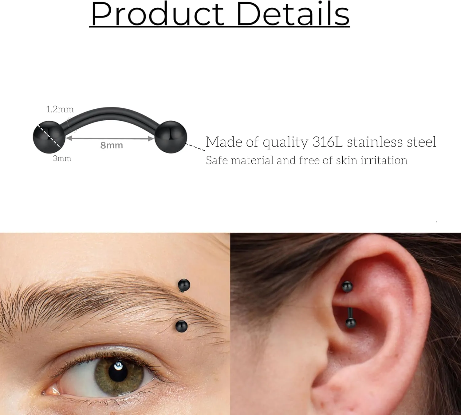 FECTAS 10PCS Eyebrow Rook Piercing Jewelry 16G Earrings Vertical Labret Lip Jewelry Curved Barbell Eyebrow Rings Tiny Small Belly Rings Ear Rook Helix Conch Daith Piercing Jewelry