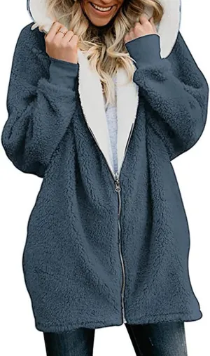 Fleece Jacket Women Sherpa Zip Up Long Sleeve Lapel Hoodies Faux Fur Coats Oversized Cardigan Sweaters Shaggy Outfits