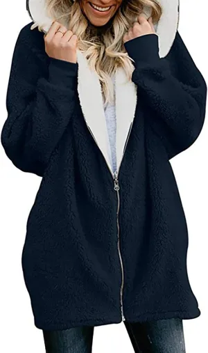 Fleece Jacket Women Sherpa Zip Up Long Sleeve Lapel Hoodies Faux Fur Coats Oversized Cardigan Sweaters Shaggy Outfits