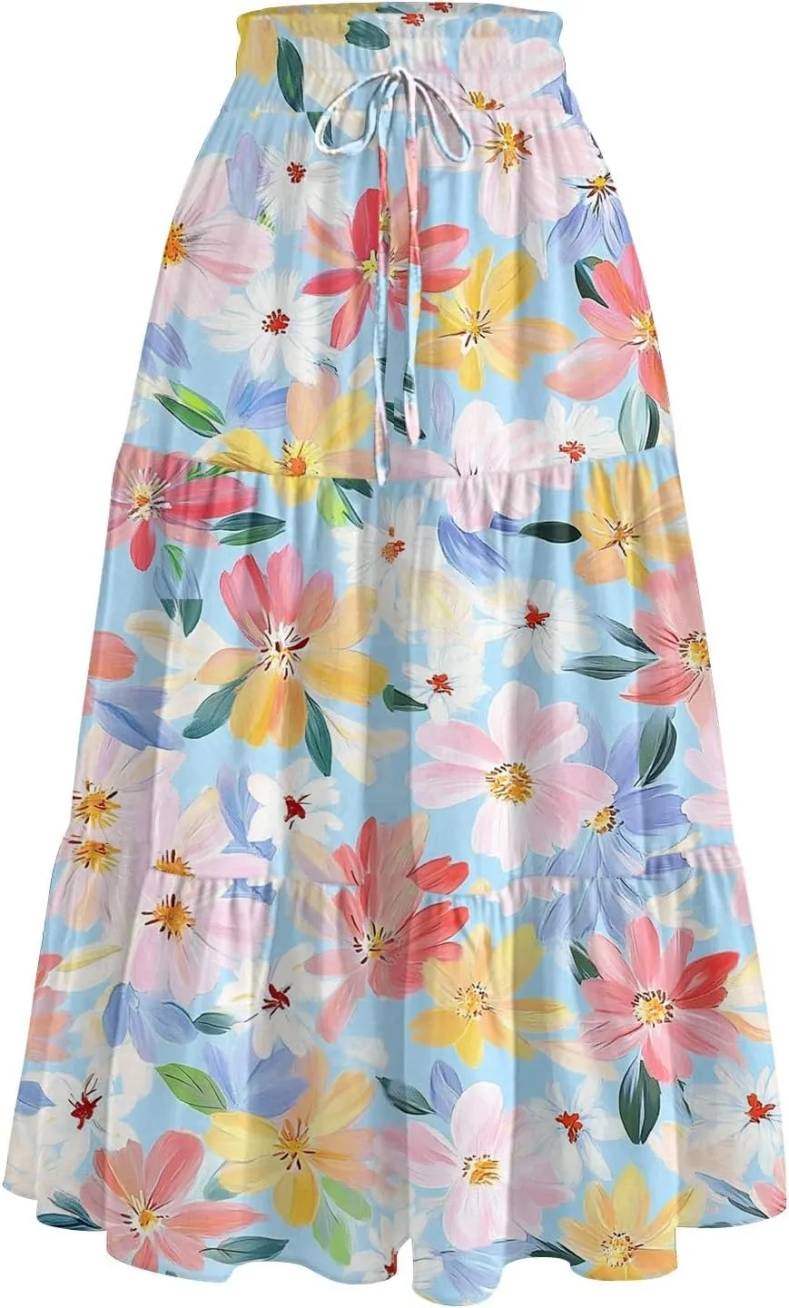 Floral Midi Skirt for Women Summer Comfy Tiered Elastic High Waisted Vacation A-Line Flowy Swing Long