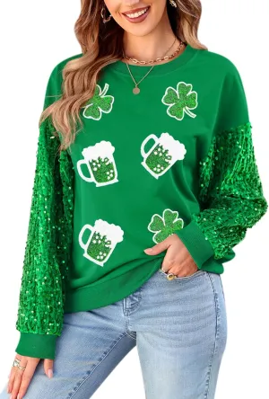 For G and PL Women's St Patricks Sequin Long Sleeve Sweatshirts Crewneck Irish Tops
