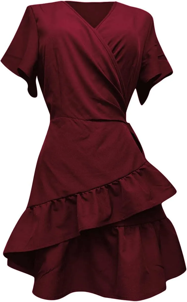 Franterd Womens Wrap Dresses V Neck Elegant Ruffles Mini Sexy Dress Short Sleeve Summer Beach Dresses with Belt