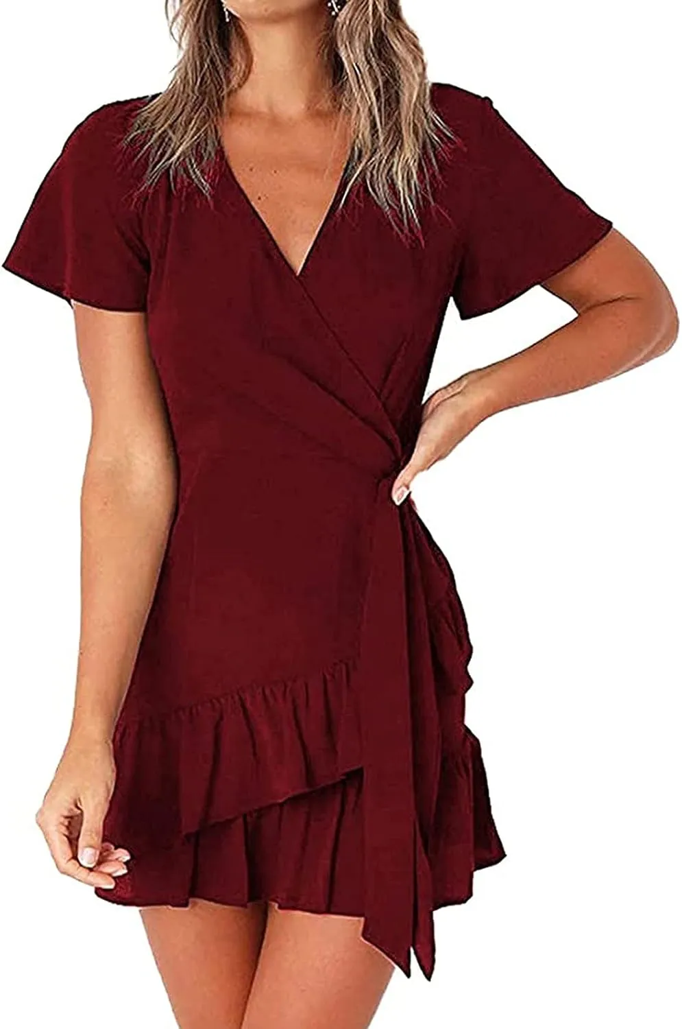 Franterd Womens Wrap Dresses V Neck Elegant Ruffles Mini Sexy Dress Short Sleeve Summer Beach Dresses with Belt