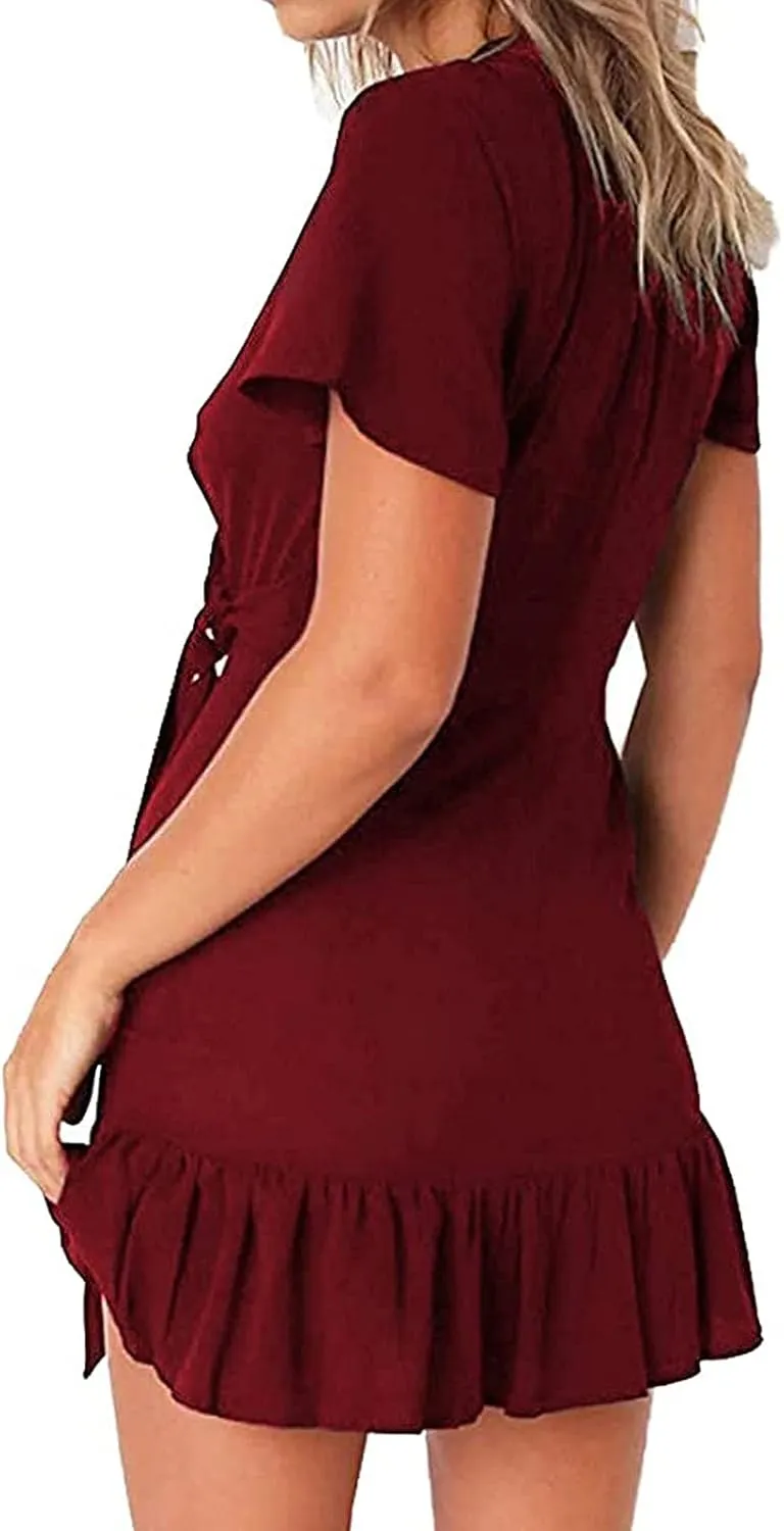 Franterd Womens Wrap Dresses V Neck Elegant Ruffles Mini Sexy Dress Short Sleeve Summer Beach Dresses with Belt