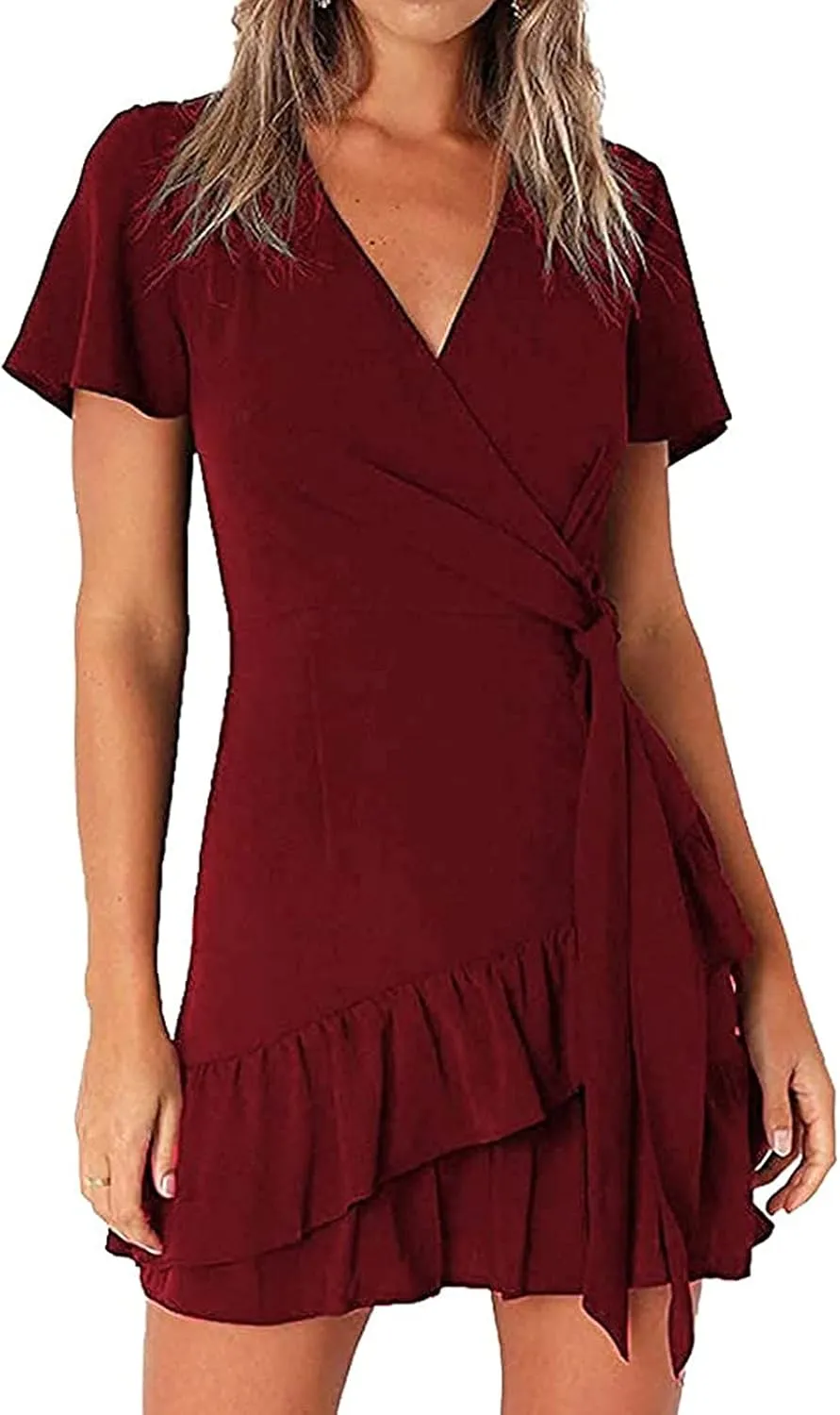 Franterd Womens Wrap Dresses V Neck Elegant Ruffles Mini Sexy Dress Short Sleeve Summer Beach Dresses with Belt