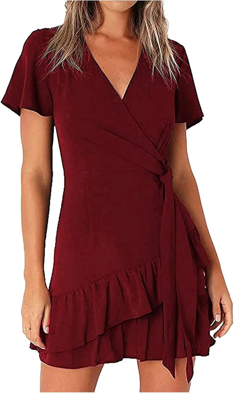 Franterd Womens Wrap Dresses V Neck Elegant Ruffles Mini Sexy Dress Short Sleeve Summer Beach Dresses with Belt