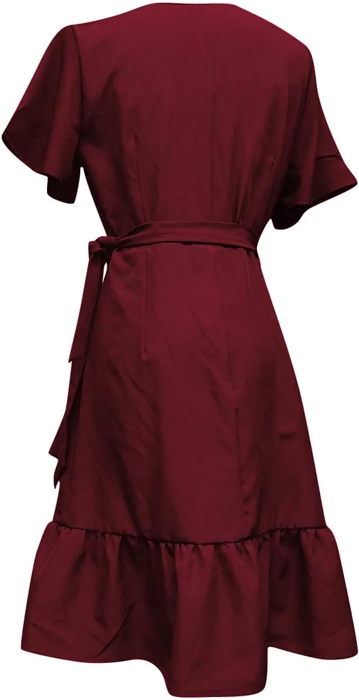 Franterd Womens Wrap Dresses V Neck Elegant Ruffles Mini Sexy Dress Short Sleeve Summer Beach Dresses with Belt