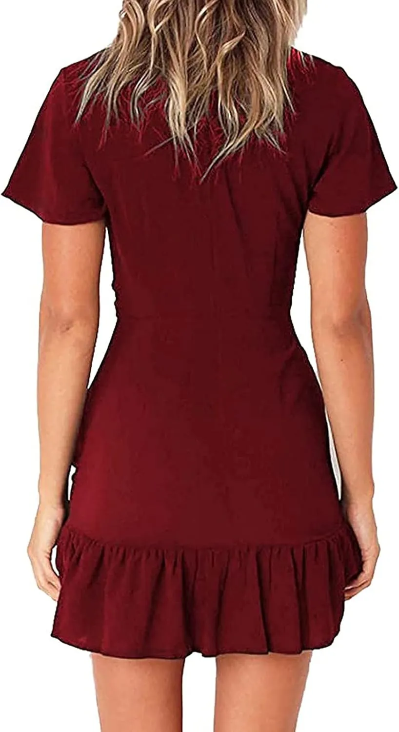 Franterd Womens Wrap Dresses V Neck Elegant Ruffles Mini Sexy Dress Short Sleeve Summer Beach Dresses with Belt
