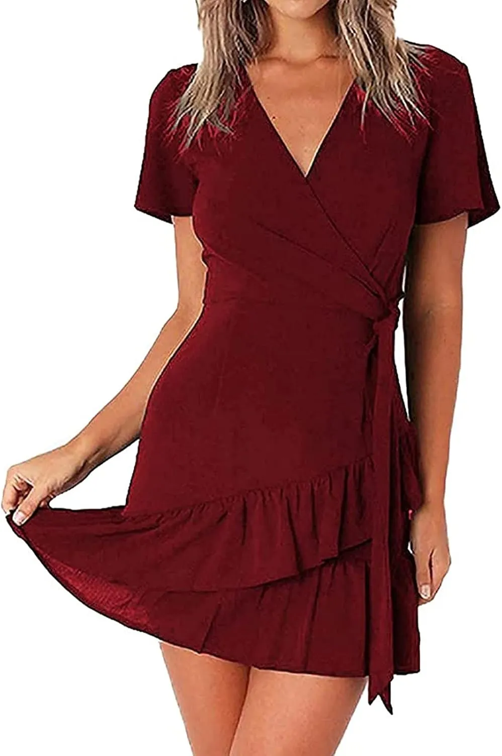Franterd Womens Wrap Dresses V Neck Elegant Ruffles Mini Sexy Dress Short Sleeve Summer Beach Dresses with Belt