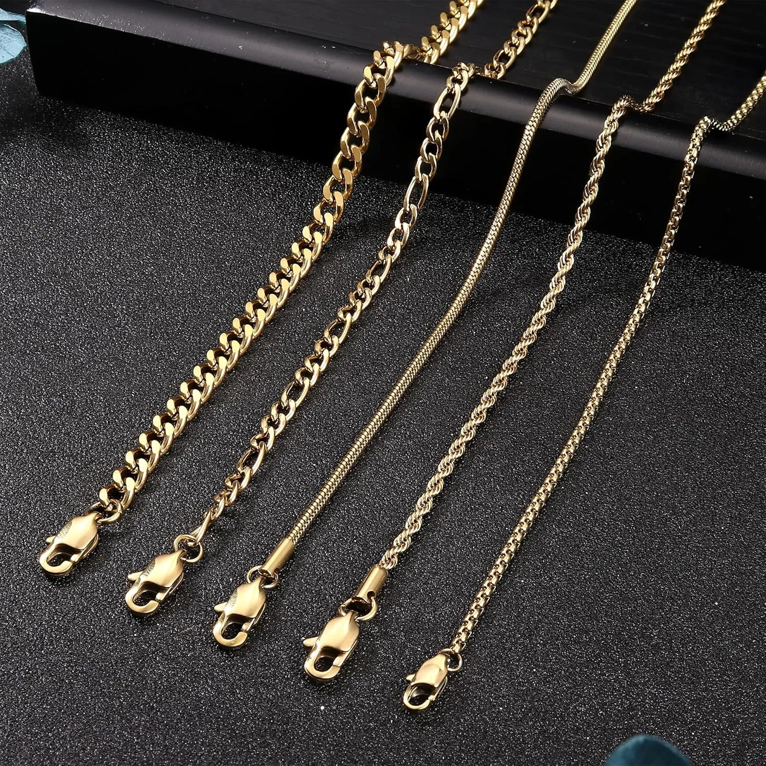 FUNRUN JEWELRY 5Pcs Stainless Steel Bracelets for Men Women Gold Silver Cuban Link Rope Figaro Chain Bracelet Set for Men 7.5/8/8.5inch