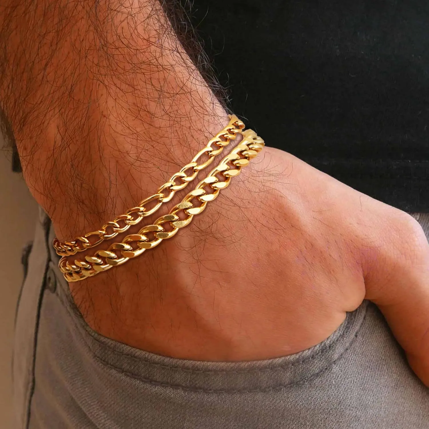 FUNRUN JEWELRY 5Pcs Stainless Steel Bracelets for Men Women Gold Silver Cuban Link Rope Figaro Chain Bracelet Set for Men 7.5/8/8.5inch