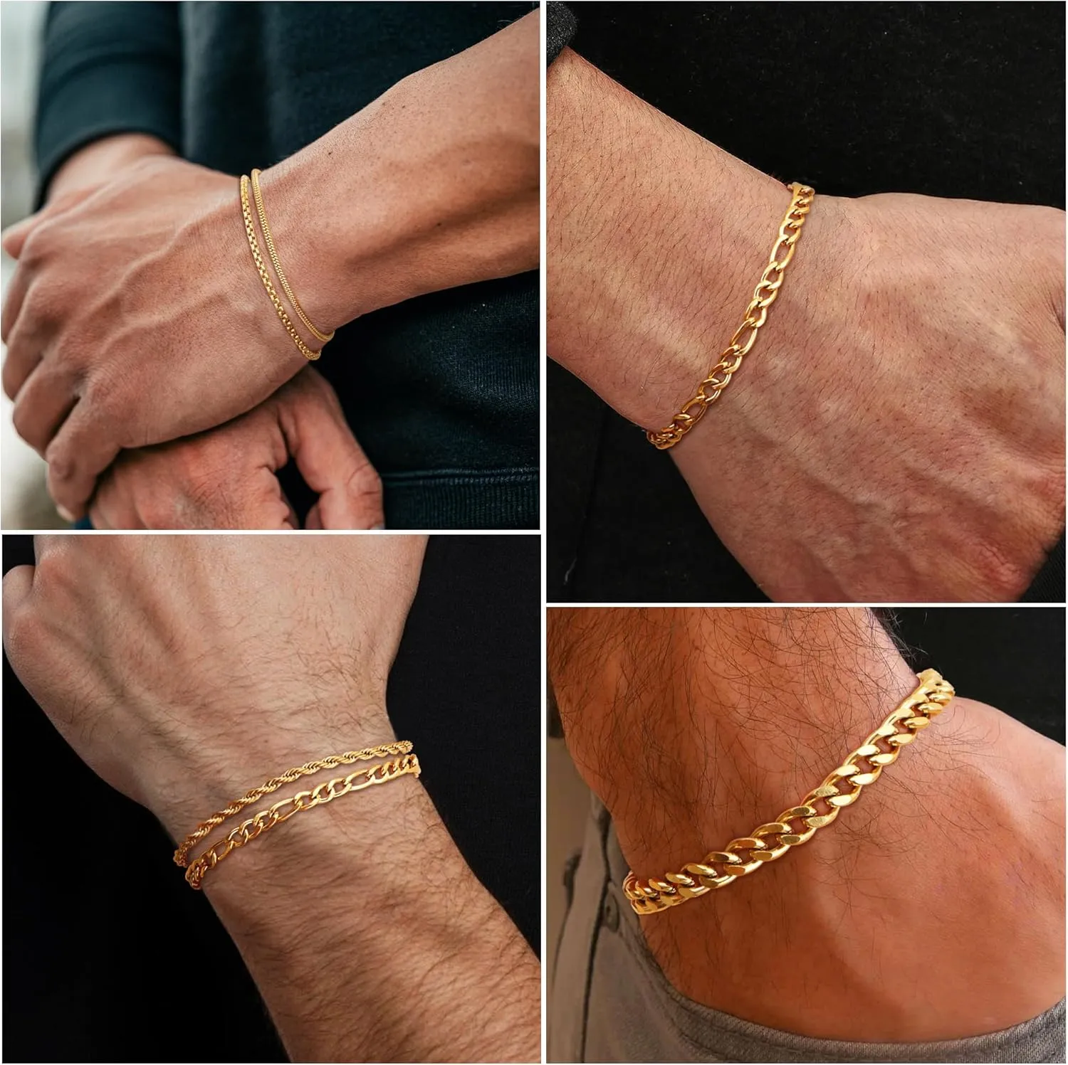 FUNRUN JEWELRY 5Pcs Stainless Steel Bracelets for Men Women Gold Silver Cuban Link Rope Figaro Chain Bracelet Set for Men 7.5/8/8.5inch