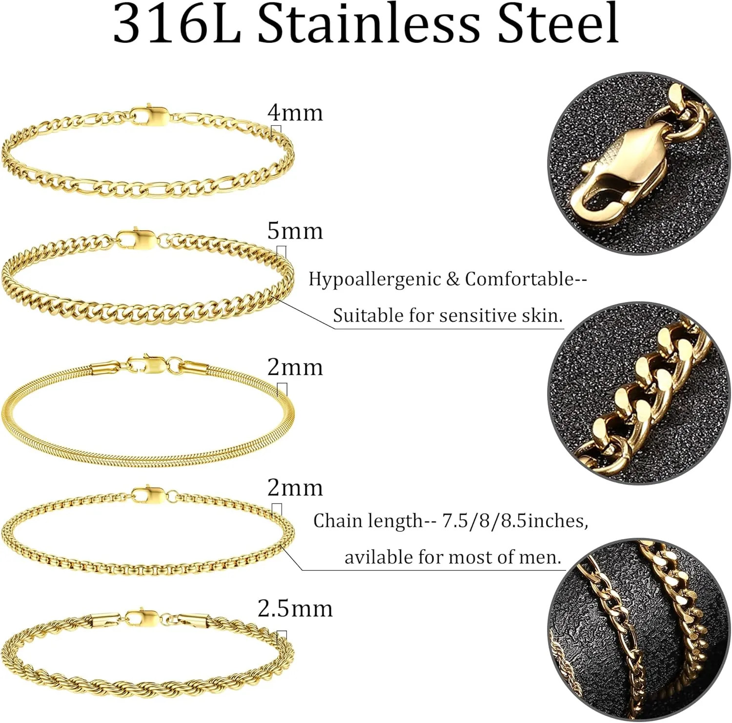 FUNRUN JEWELRY 5Pcs Stainless Steel Bracelets for Men Women Gold Silver Cuban Link Rope Figaro Chain Bracelet Set for Men 7.5/8/8.5inch