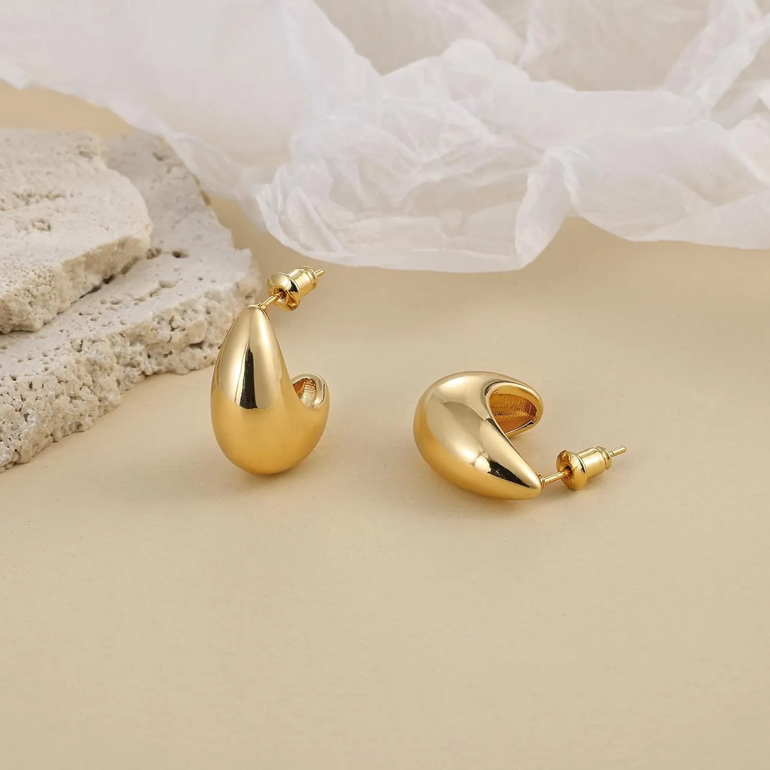 Gacimy Chunky Gold Earrings for Women, Teardrop Earrings with 925 Sterling Silver Post, 14K Gold Statement Drop for Women