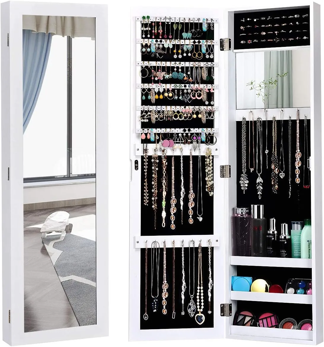 Giantex Jewelry Armoire Cabinet Wall Door Mounted with Full Length Mirror, Jewelry Organizer with Makeup Mirror, Ring Earring Slots, Necklace Hooks, Large Capacity Storage Jewelry Armoire (White)
