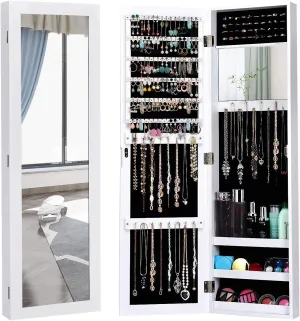 Giantex Jewelry Armoire Cabinet Wall Door Mounted with Full Length Mirror, Jewelry Organizer with Makeup Mirror, Ring Earring Slots, Necklace Hooks, Large Capacity Storage Jewelry Armoire (White)
