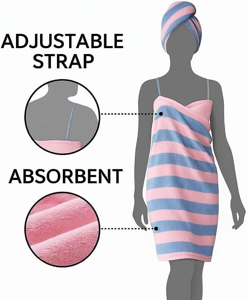 Glow Wrap Towel with Straps - Glowwrap Wearable Sling Bath Towel Dress with Dry Hair Cap, Absorbent Coral Fleece, No-Slip Quick Dry & Adjustable Fit, Sexy Sling Bath Open Back Robe for Women (E, L)