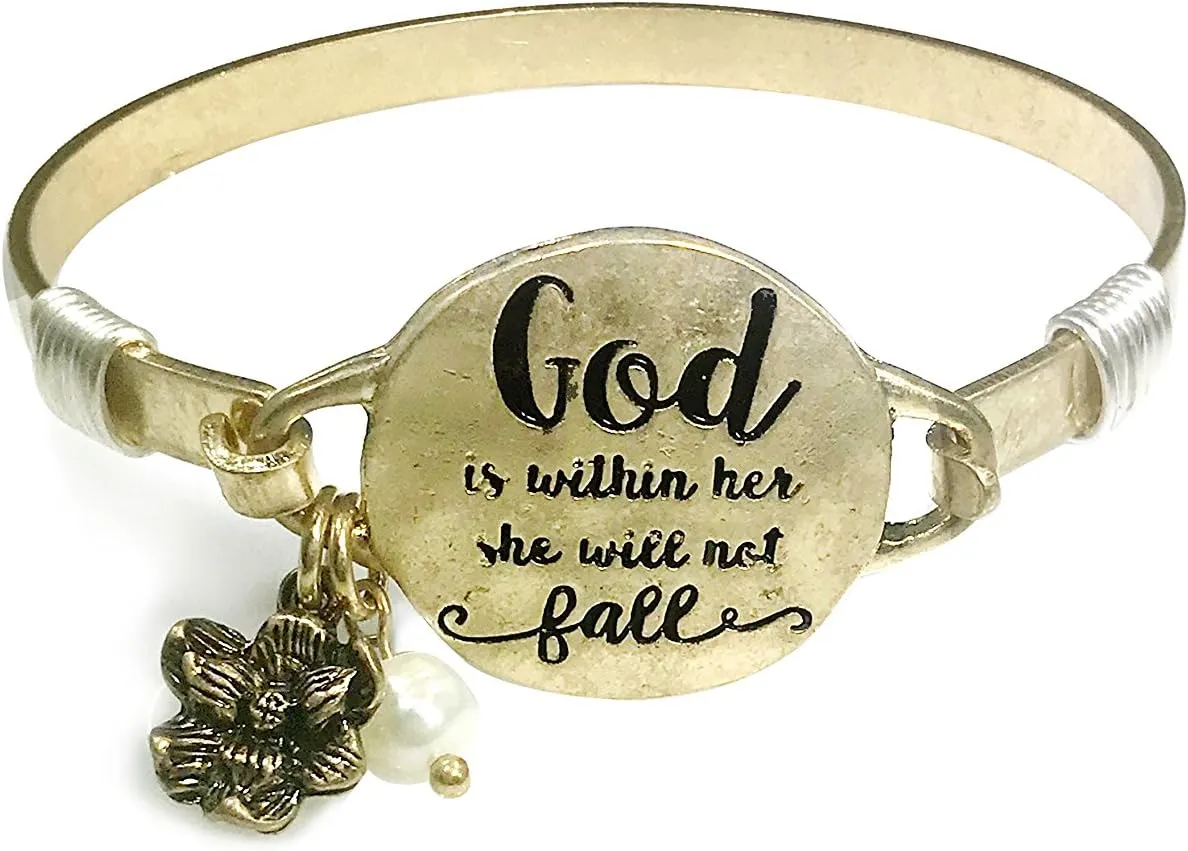 God is Within her. She Will not Fall Handmade Beautiful Christian Bangle Bracelet with Wire Design and Flower Charm and Bead