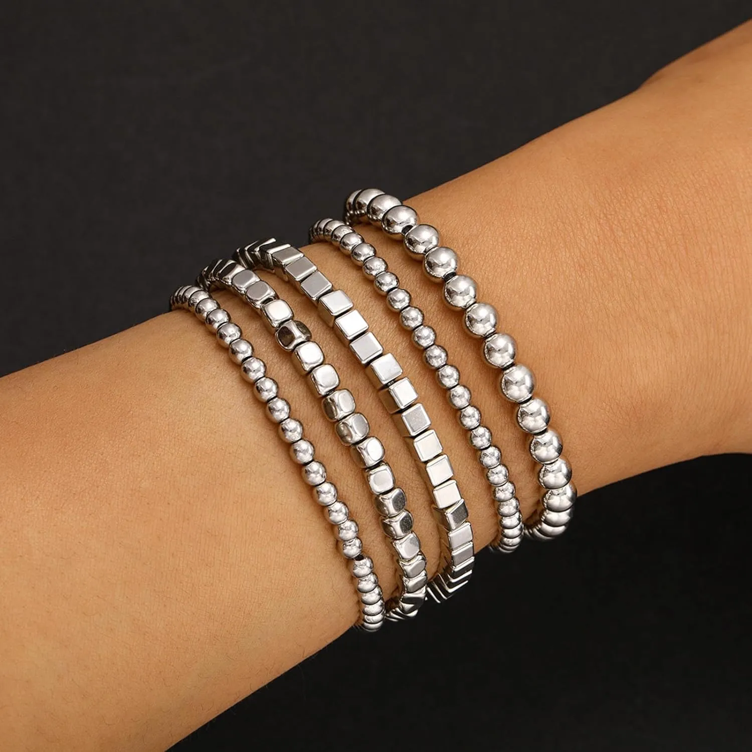 Gold Beaded Bracelets Set Stacking Cube Bead Chain Bracelets Stretchy Strings Round Beads Bracelets Bead Ball Link Chain Bracelets Handmade Elastic Hand Jewelry for Women