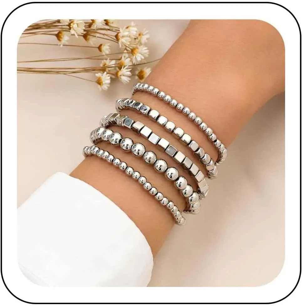 Gold Beaded Bracelets Set Stacking Cube Bead Chain Bracelets Stretchy Strings Round Beads Bracelets Bead Ball Link Chain Bracelets Handmade Elastic Hand Jewelry for Women