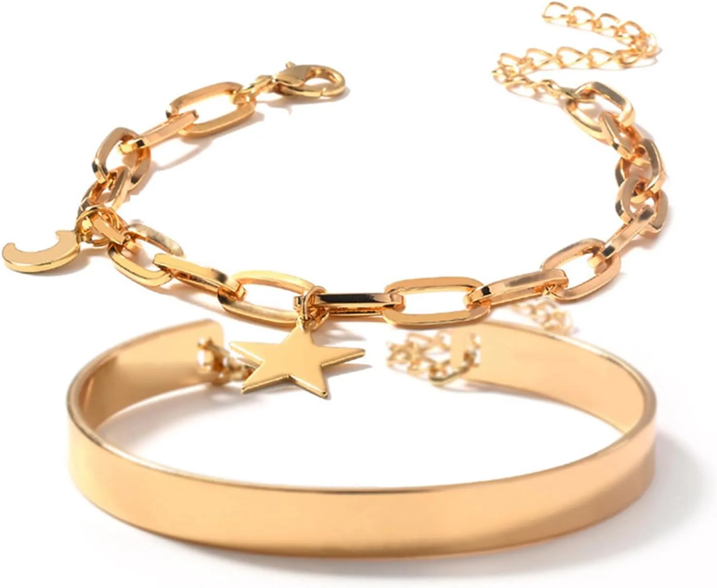 Gold Bracelets for Women 14K Gold Bangle Bracelets Paperclip Link Chain Bracelet Stack Bracelets Adjustable Gold Chain Bracelet Set 2Pcs