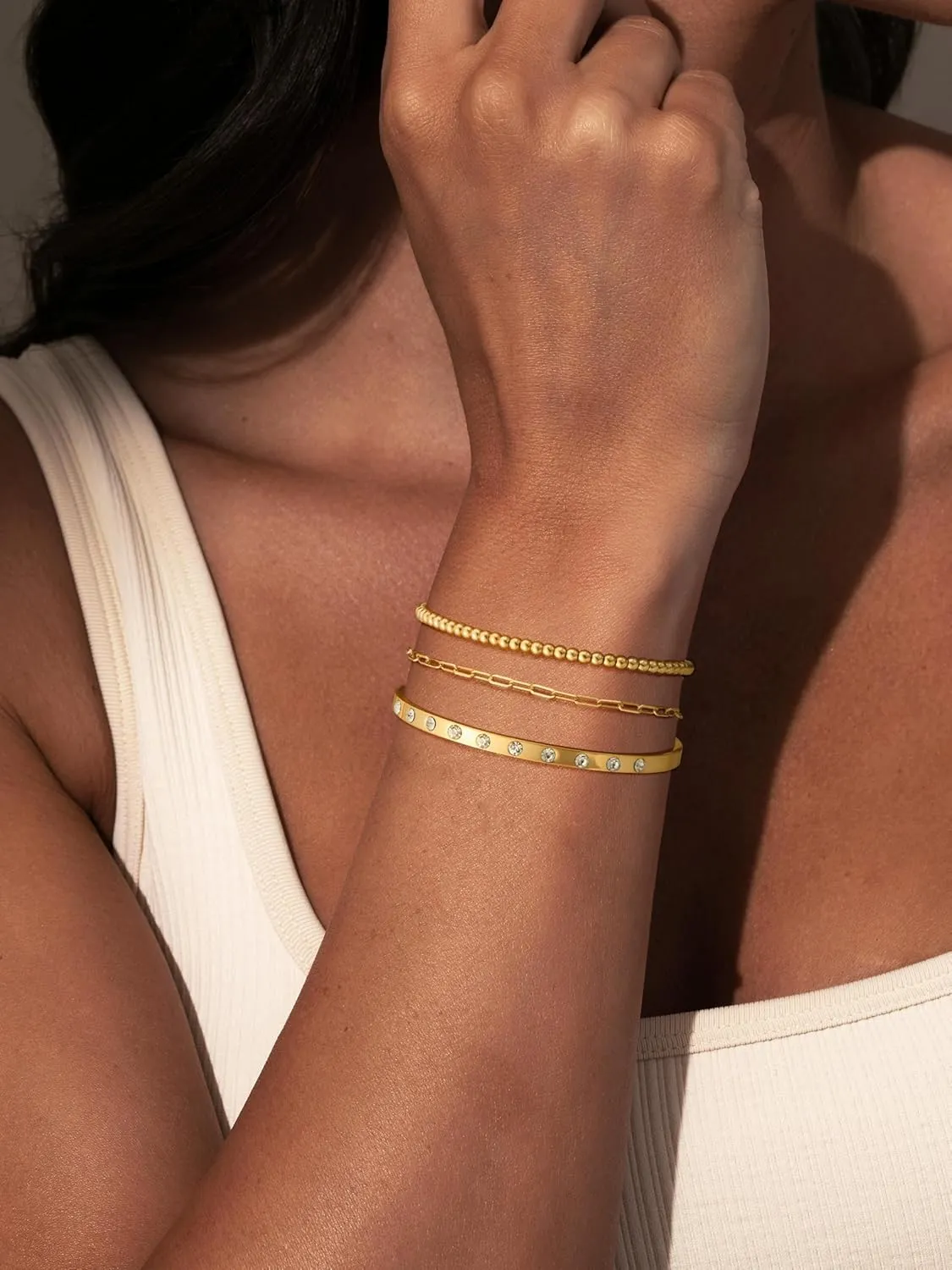 Gold Bracelets for Women Trendy,Stackable 14k Gold Plated Bangle Bracelets Set Waterproof Cuban Link Diamond Beaded Chain Paperclip Chain Bracelets Simple Fashion Jewelry Gifts for Women