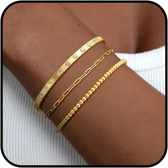 Gold Bracelets for Women Trendy,Stackable 14k Gold Plated Bangle Bracelets Set Waterproof Cuban Link Diamond Beaded Chain Paperclip Chain Bracelets Simple Fashion Jewelry Gifts for Women