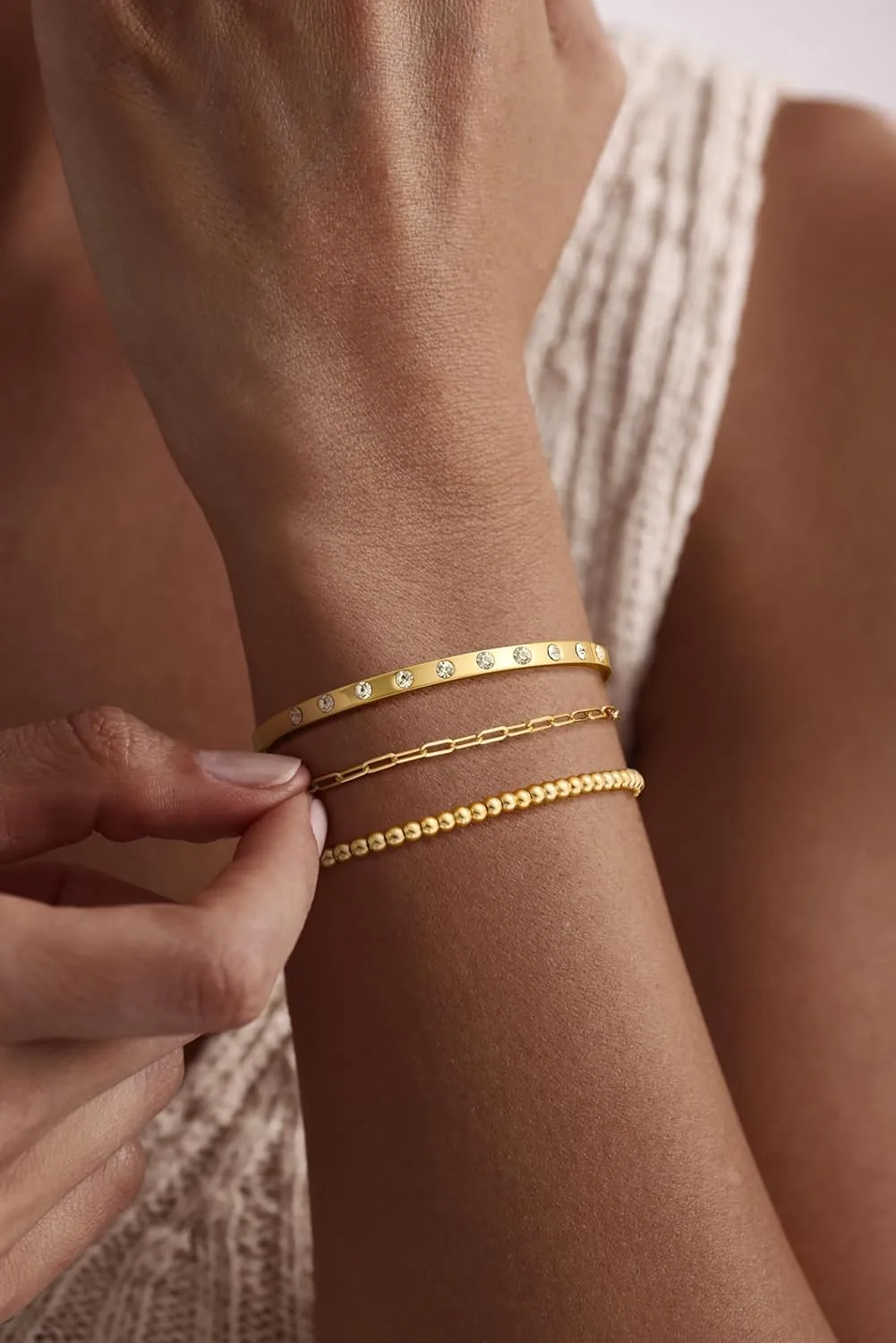Gold Bracelets for Women Trendy,Stackable 14k Gold Plated Bangle Bracelets Set Waterproof Cuban Link Diamond Beaded Chain Paperclip Chain Bracelets Simple Fashion Jewelry Gifts for Women