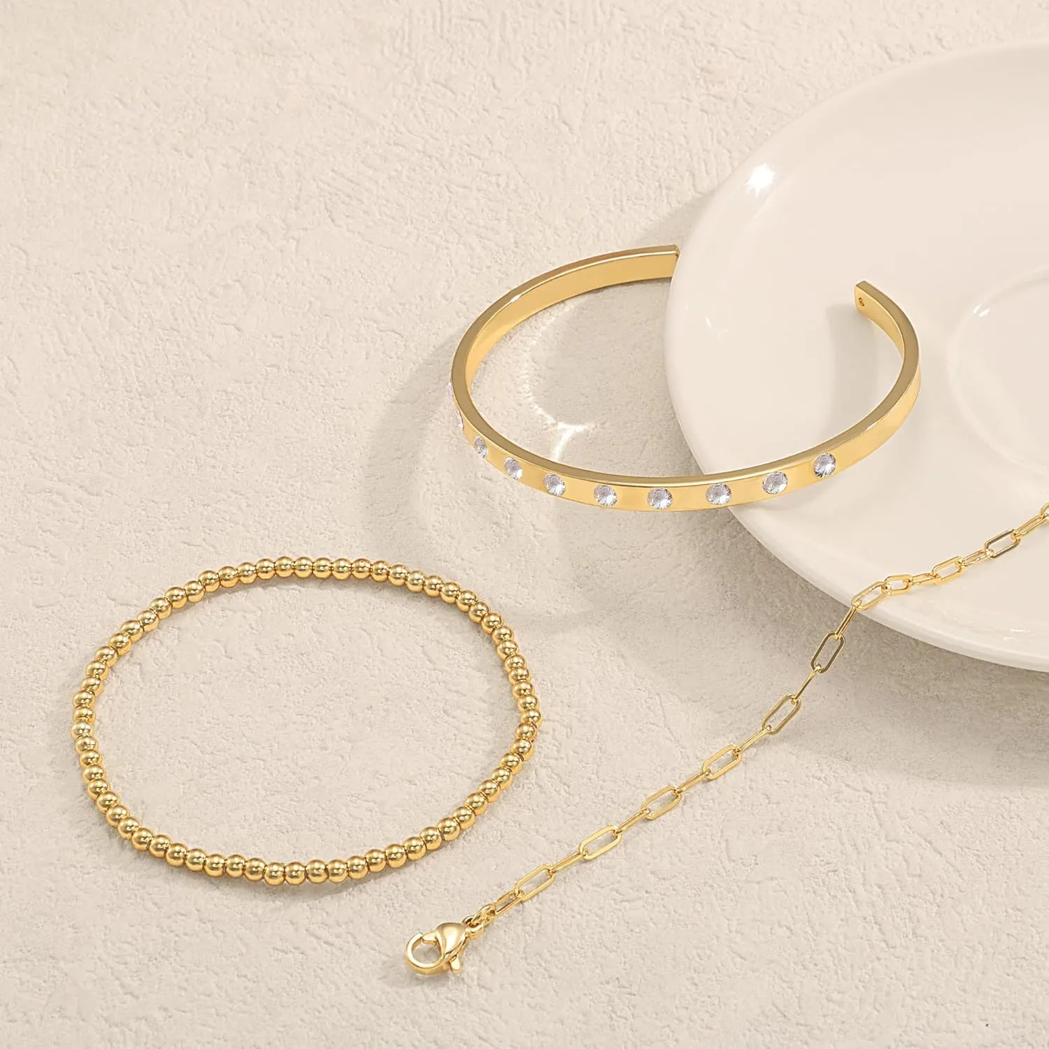 Gold Bracelets for Women Trendy,Stackable 14k Gold Plated Bangle Bracelets Set Waterproof Cuban Link Diamond Beaded Chain Paperclip Chain Bracelets Simple Fashion Jewelry Gifts for Women