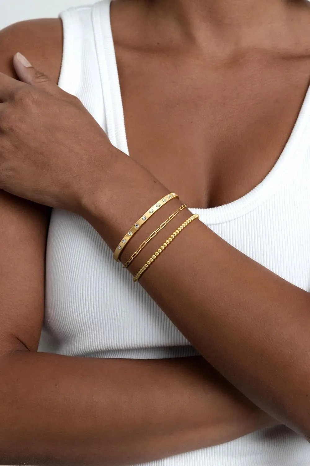 Gold Bracelets for Women Trendy,Stackable 14k Gold Plated Bangle Bracelets Set Waterproof Cuban Link Diamond Beaded Chain Paperclip Chain Bracelets Simple Fashion Jewelry Gifts for Women