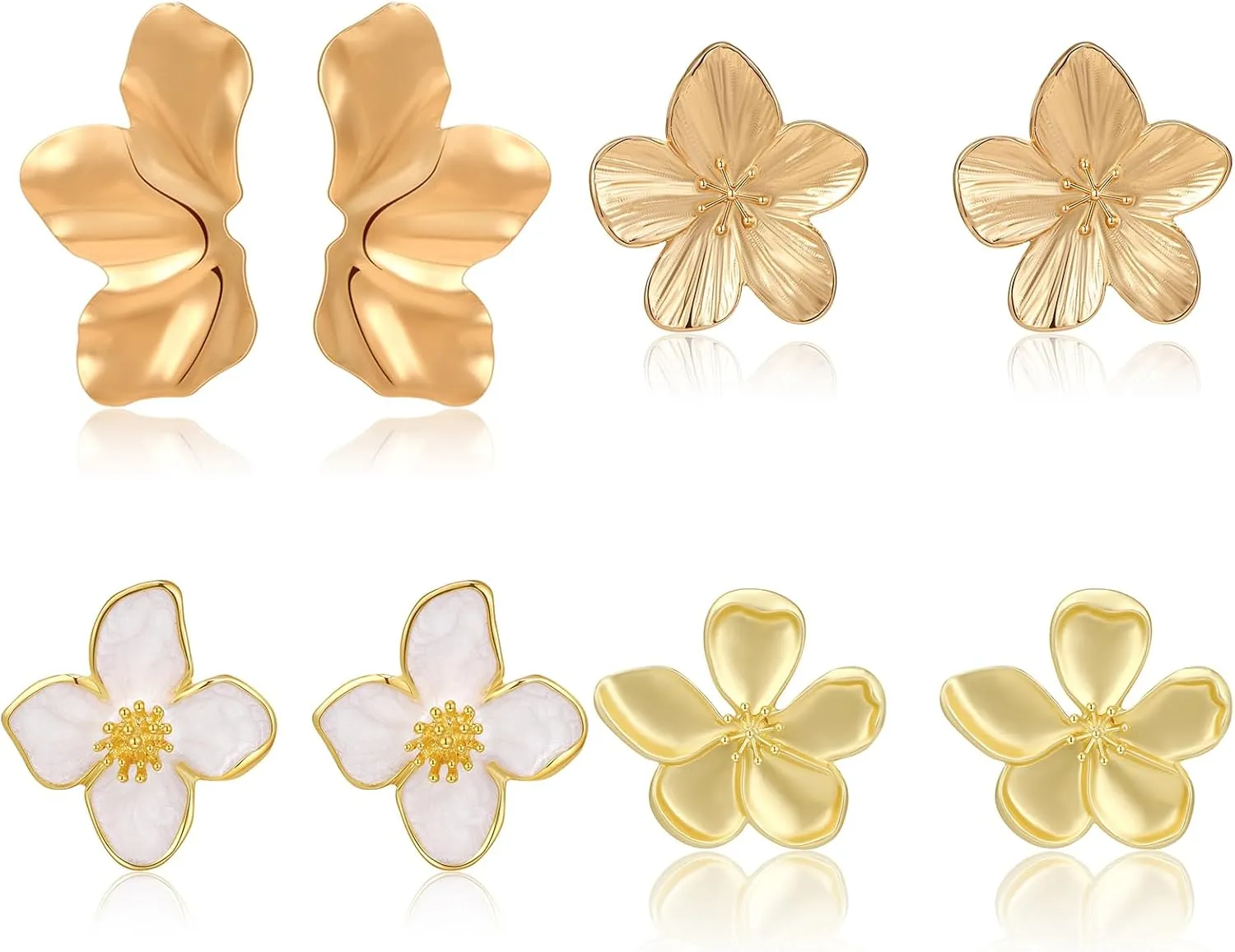 Gold Flower Earrings Floral Petal Stud Earrings Statement Earrings for Women 4 Pairs