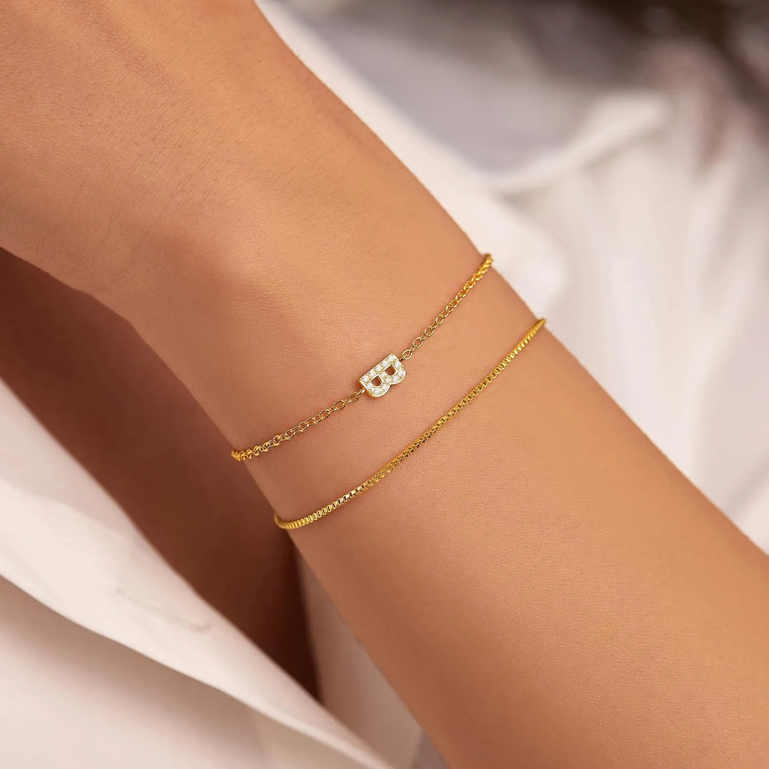 Gold Initial Bracelets for Women, Dainty 14K Gold Plated Letter Initial Bracelet for Women, Cute Layered Box Chain Gold Bracelets for Women Trendy Jewelry