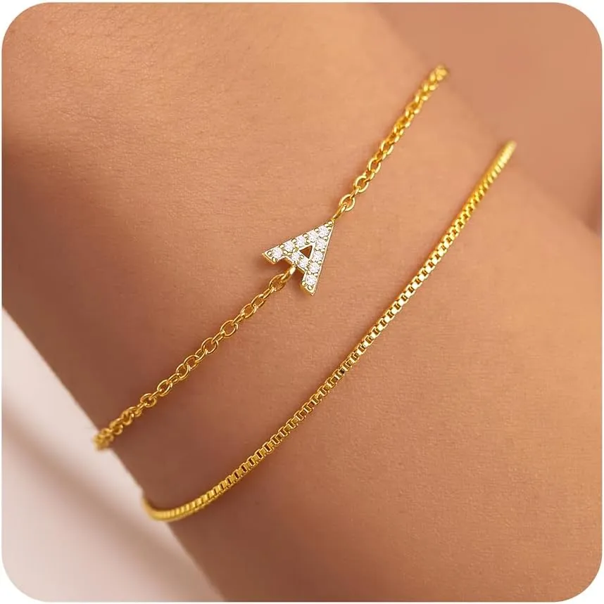 Gold Initial Bracelets for Women, Dainty 14K Gold Plated Letter Initial Bracelet for Women, Cute Layered Box Chain Gold Bracelets for Women Trendy Jewelry
