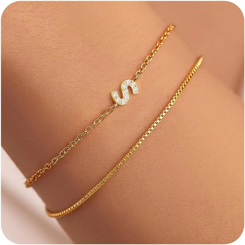 Gold Initial Bracelets for Women, Dainty 14K Gold Plated Letter Initial Bracelet for Women, Cute Layered Box Chain Gold Bracelets for Women Trendy Jewelry