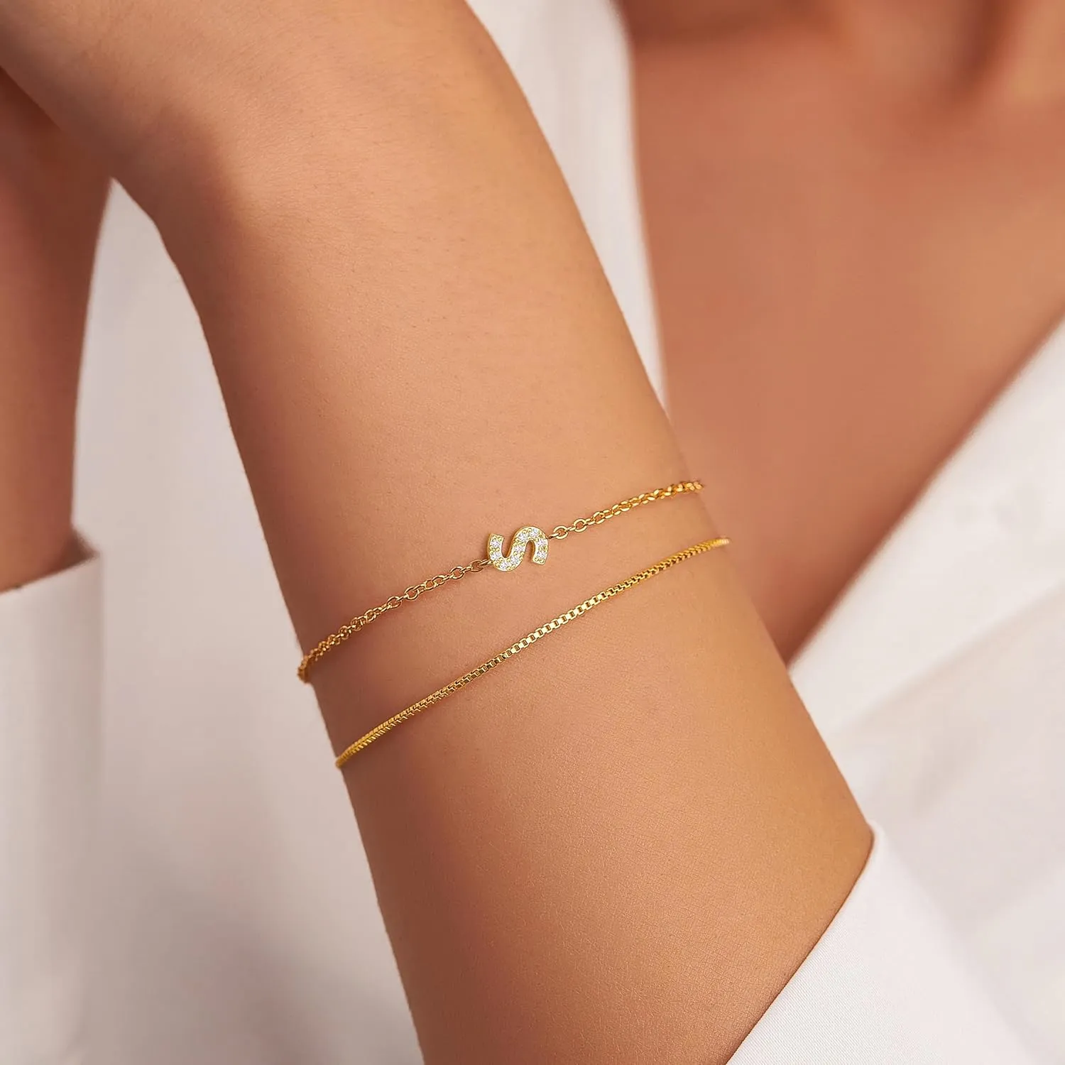 Gold Initial Bracelets for Women, Dainty 14K Gold Plated Letter Initial Bracelet for Women, Cute Layered Box Chain Gold Bracelets for Women Trendy Jewelry