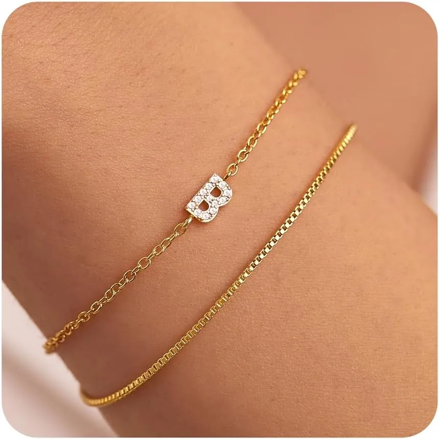 Gold Initial Bracelets for Women, Dainty 14K Gold Plated Letter Initial Bracelet for Women, Cute Layered Box Chain Gold Bracelets for Women Trendy Jewelry