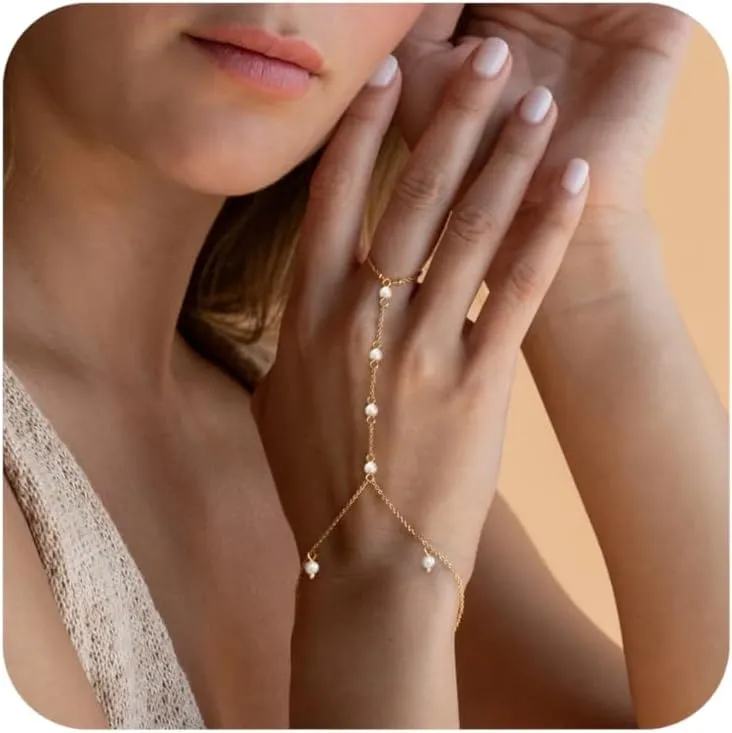 Gold Pearl Bracelets for Women, 14K Real Gold Hand Chain Bracelets, Dainty Adjustable Waterproof Bracelets for Women Trendy With 4mm Pearl And A ~3 inch Connector to The Ring Chain