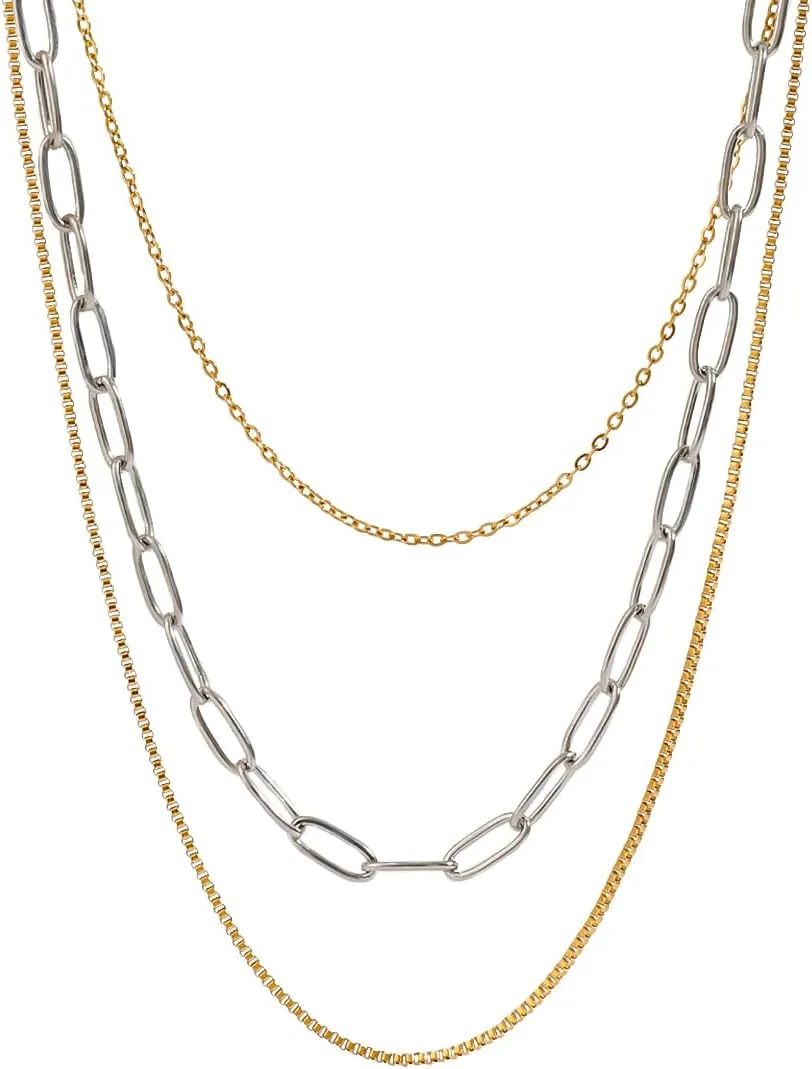 Gold Silver Chain Layered Necklaces for Women 18K Plated Dainty Chain Necklace Bead Box Cuban Paperclip Link Chain Choker Necklace Set Trendy Jewelry Gift for Women
